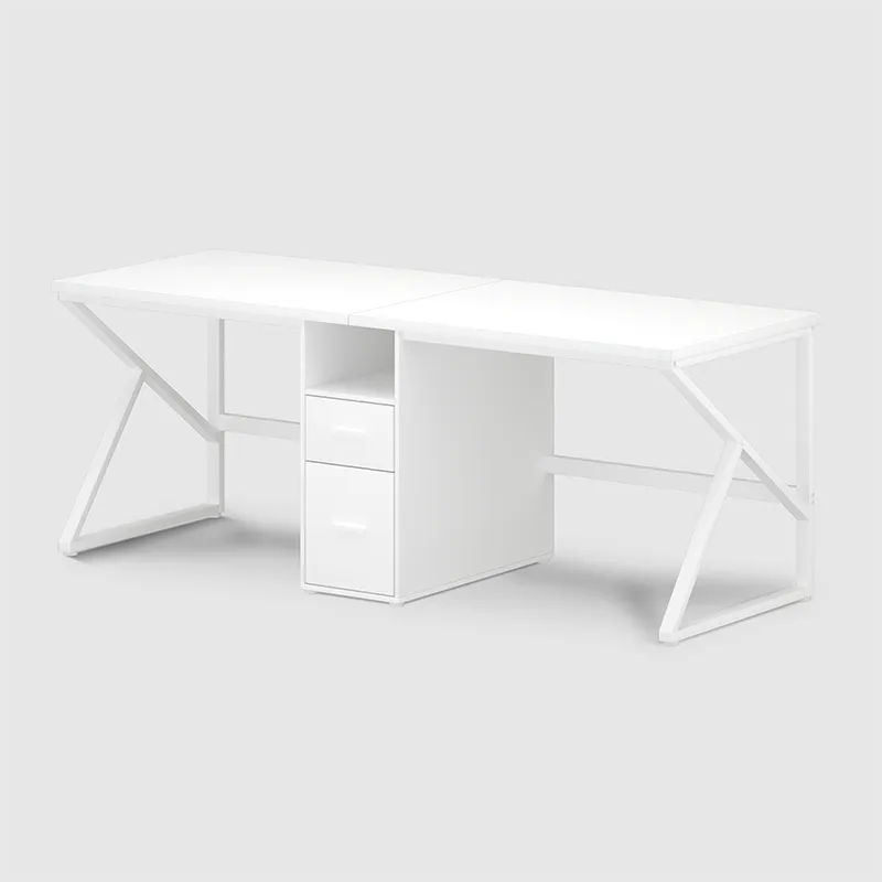 The 2 Person Computer Desk with File Drawer in white oak features two side surfaces, a central storage unit with two drawers and an open shelf, plus angled metal legs for a modern look.