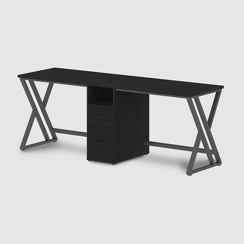 The 2 Person Desk with Storage Cabinet in black oak features metal X-shaped legs and two central drawers, making it ideal for shared workspaces. Shown against a gray background.