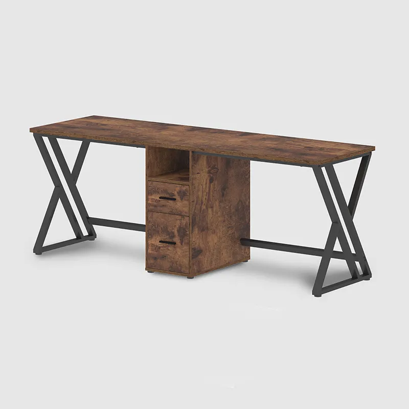 The 2 Person Desk with Storage Cabinet in rustic brown features a rectangular wooden top, black metal X-frame legs, and central storage—ideal for two people.