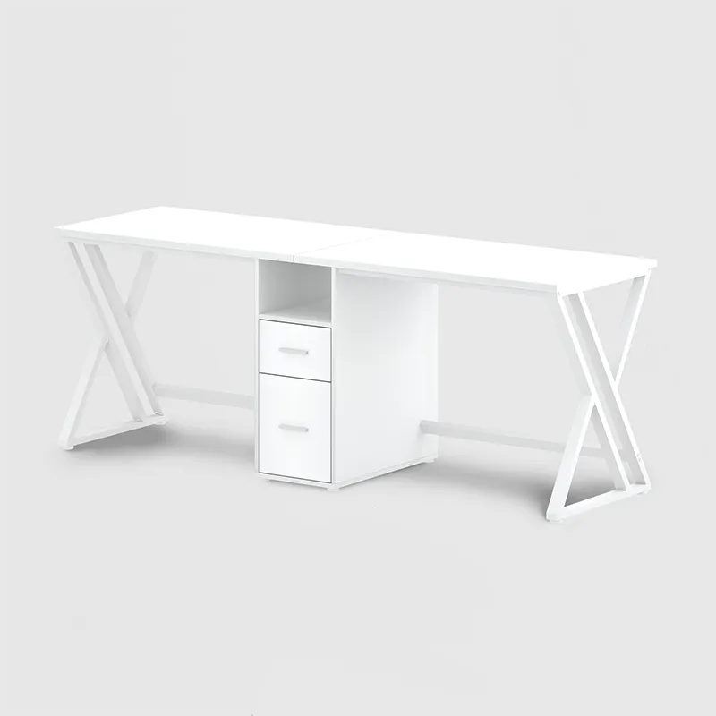 The 2 Person Desk with Storage Cabinet in White Oak features crossed metal legs, a central unit with two drawers and an open shelf—ideal for collaborative workspaces.