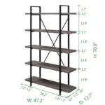 The 3_结果 is a tall, five-shelf bookcase featuring dark wood shelves, a black metal frame, and labeled inch measurements for height, width, depth, and shelf spacing. OEM and ODM customization options available.