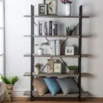 The 5 Tier Bookcase stores books, framed photos, potted plants, and vases; three decorative pillows sit on the bottom shelf next to a floor plant.