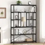 The 6 Tier Bookshelf, Black Oak_01, displays books, decor, a lamp, and a clock. It stands beside a white curtain and framed wall art in a bright room.