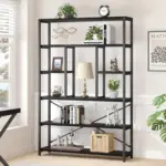 The 6 Tier Bookshelf, Black Oak_02, displays books, a lamp, decor items, plants, a clock, and a wicker basket in a bright room—perfect for ODM or OEM customization to match your unique style.
