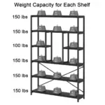 6 Tier Bookshelf, Black Oak_04: black shelving unit with five shelves supporting up to 150 lbs each and one middle shelf holding up to 100 lbs (weights shown for illustration). Available for ODM and OEM customization.