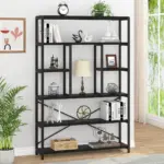 The 6 Tier Bookshelf, Black Oak_06, holds books, decorative items, a lamp, plants, and ornaments against a white wall by a large window with greenery—available for OEM and ODM customization to fit your space.