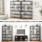 Two images show the 6 Tier Bookshelf, Black Oak_07 in various living rooms, styled with books, plants, and ornaments. German text reads "Verschiedene Kombinationsmöglichkeiten." ODM and OEM options available.