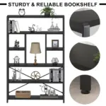 The 6 Tier Bookshelf, Black Oak_08 features six black shelves displaying books, decor, a lamp, and a clock. OEM and ODM options available. Detail insets highlight the shelf’s corner, surface, and adjustable foot.