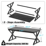 60 Inch Computer Desk in Black Oak shown disassembled above and assembled below, featuring X-shaped metal legs; labeled dimensions and 360 lbs weight capacity are displayed.