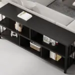 The 6_结果 black wooden console table with open shelves stands behind a light sofa, showcasing books, a basket, and décor—perfect for ODM or OEM customization to enhance any living space.