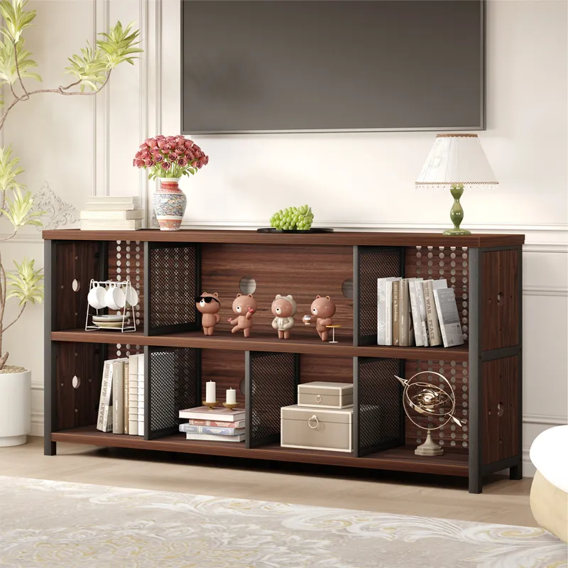 The 7 Cube Storage Organizer Shelf, Rustic Brown 63 Inch, decorated with books, figurines, a lamp, a flower vase, and decor items, adds rustic organizer charm to a bright living room as an open-shelf TV console.