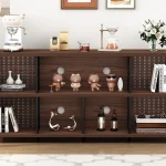 The 7 Cube Storage Organizer Shelf, Walnut 63 Inch, showcases books, figurines, a vase of flowers, a coffee machine, and decor items against a white wall.