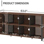 The 7 Cube Storage Organizer Shelf in walnut measures 63" wide, with seven cubbies and black perforated metal dividers—an ideal, stylish organizer for any space.
