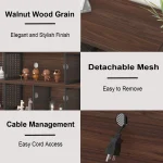The 7 Cube Storage Organizer Shelf, Walnut 63 Inch, features a rich wood grain finish, detachable mesh panel, cable management hole, and decorative bear figurines—bringing charm and function to any room.