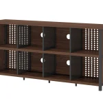 The 7 Cube Storage Organizer Shelf, Walnut 63 Inch, features seven open cubbies, metal side panels with circular cutouts, and a flat top surface for stylish and practical storage.