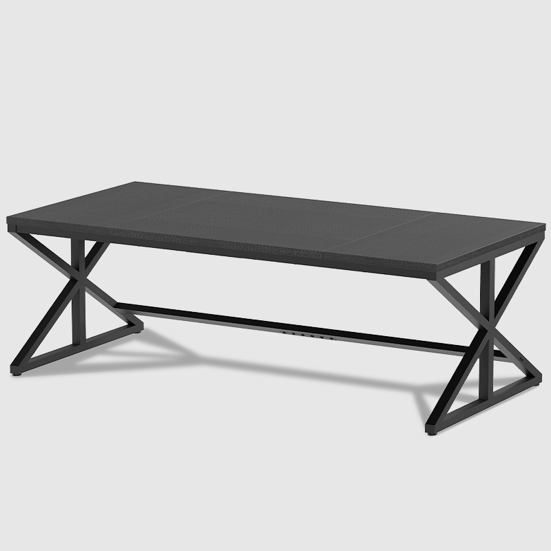 The 70.86 Inch Computer Desk in Black Oak features a textured rectangular surface and metal legs with a crisscross design, displayed against a plain white background.