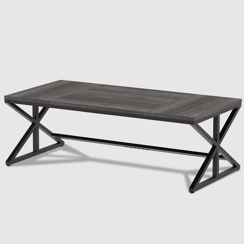 70.86 Inch Computer Desk in dark gray oak with black metal X-shaped legs, showcased against a plain light background.