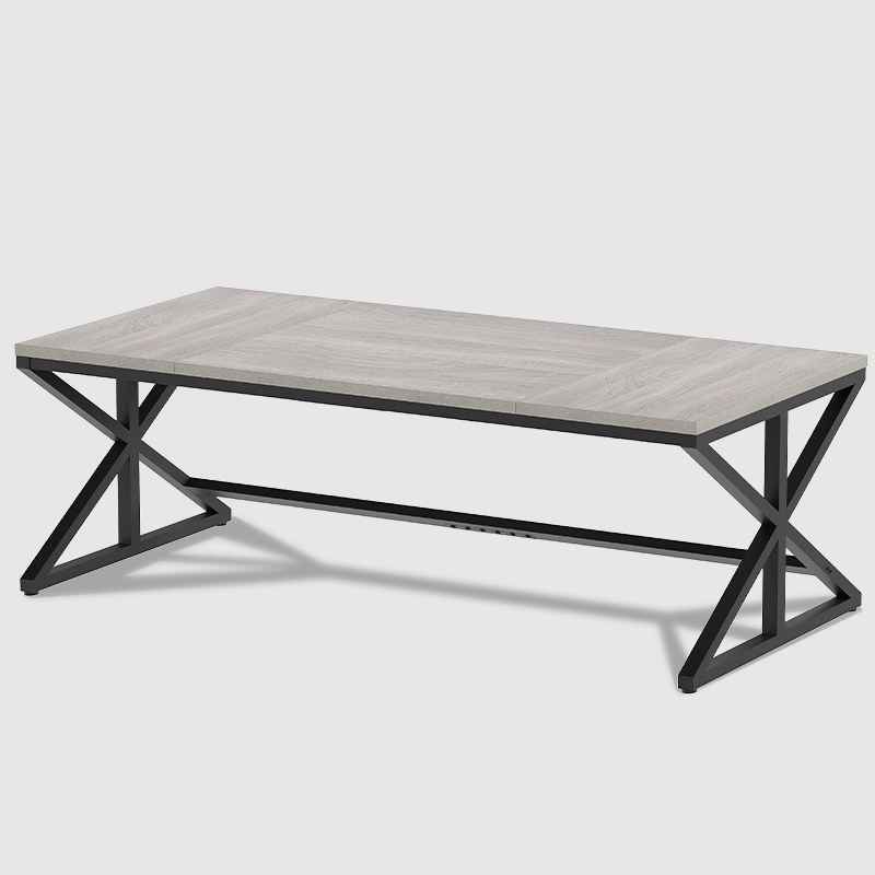 The 70.86 Inch Computer Desk in Light Grey Oak features a spacious top and black metal X-shaped legs, offering a modern look and generous workspace, perfect for any office or home setting.