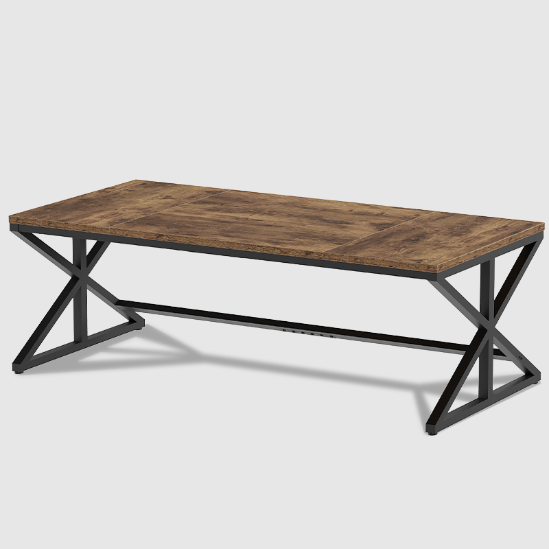 The 70.86 Inch Computer Desk in rustic brown features a dark metal frame with crossed legs, displayed against a plain white background.