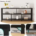 The 8_结果 is a 63-inch black console table with open shelves, extra angle brackets, a triangular frame for enhanced stability, and supports OEM/ODM customization—perfect for living spaces.