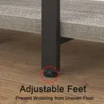 Close-up of 8_结果 furniture leg with adjustable foot on a wooden floor. Perfect for OEM/ODM projects. Text: "Adjustable Feet - Prevent Wobbling on Uneven Floors.