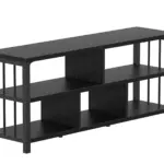 The 9_结果 is a black wooden TV stand with open shelves, a rectangular shape, vertical side slats, and a central divider on the lower shelf. OEM and ODM services are available for customized solutions.