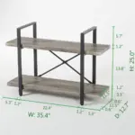 BC02-01 02-03 2-Shelf Rustic Industrial Bookshelf, Wood and Metal: two-tier shelf ideal for ODM/OEM projects. Measures 35.4" W x 25" H x 12.7" D with clearly labeled shelf thickness and support heights.