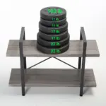 The BC02-01 03 - 03 2-Shelf Rustic Industrial Bookshelf, Wood and Metal, supports six stacked weight plates (11 lb., 11 lb., 17 lb., 17 lb., 22 lb., and 22 lb.) totaling 100 lbs—ideal for ODM and OEM fitness solutions.