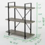 The BC02-02 02 - 03 3-Shelf Rustic Industrial Bookcase features wood shelves, a black metal frame, and measures 40"H x 35.4"W x 12.7"D—ideal for ODM/OEM customization with clear shelf and spacing dimensions provided.