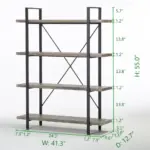 The BC02-03 4-Shelf Industrial Rustic Bookcase has a metal frame, wooden shelves, labeled dimensions (55"H x 41.3"W x 12.7"D), and is available for ODM and OEM orders.