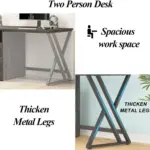 Collage of 双人深色组合1_结果, a two-person desk with a spacious work area, sturdy black metal frame, thick legs, and close-up view beside a plant—ideal for OEM or ODM customization.