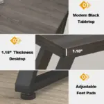 Close-up images of 双人深色组合2_结果 desk featuring a modern black tabletop, 1.18-inch thick desktop, adjustable feet pads, and labeled details—perfect for OEM and ODM customization needs.