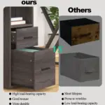 Comparison image of 双人深色组合3_结果 (labeled "ours")—a sturdy, wooden filing cabinet—versus a fabric storage box and a generic wooden box ("others"), emphasizing the superior durability and lifespan of our OEM/ODM solutions.