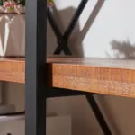 Close-up of the 未标题-2_1000_1000 wooden shelf with a black metal frame, perfect for ODM and OEM solutions. Decorative items and a plant enhance the stylish background.