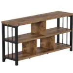 The 白底2_结果 is a three-tier console table with open wooden shelves and vertical black metal side supports, available for ODM and OEM customization.