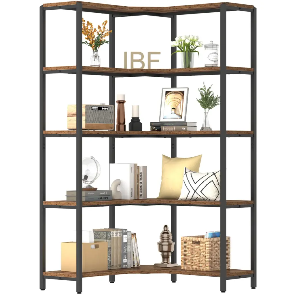 5 Tier L-Shaped Bookshelf, Rustic Brown_11