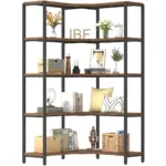 The 白底C1_结果 is a five-tier corner bookshelf with a black metal frame and wooden shelves, ideal for OEM or ODM customization to display books, baskets, decor, pillows, and small plants.