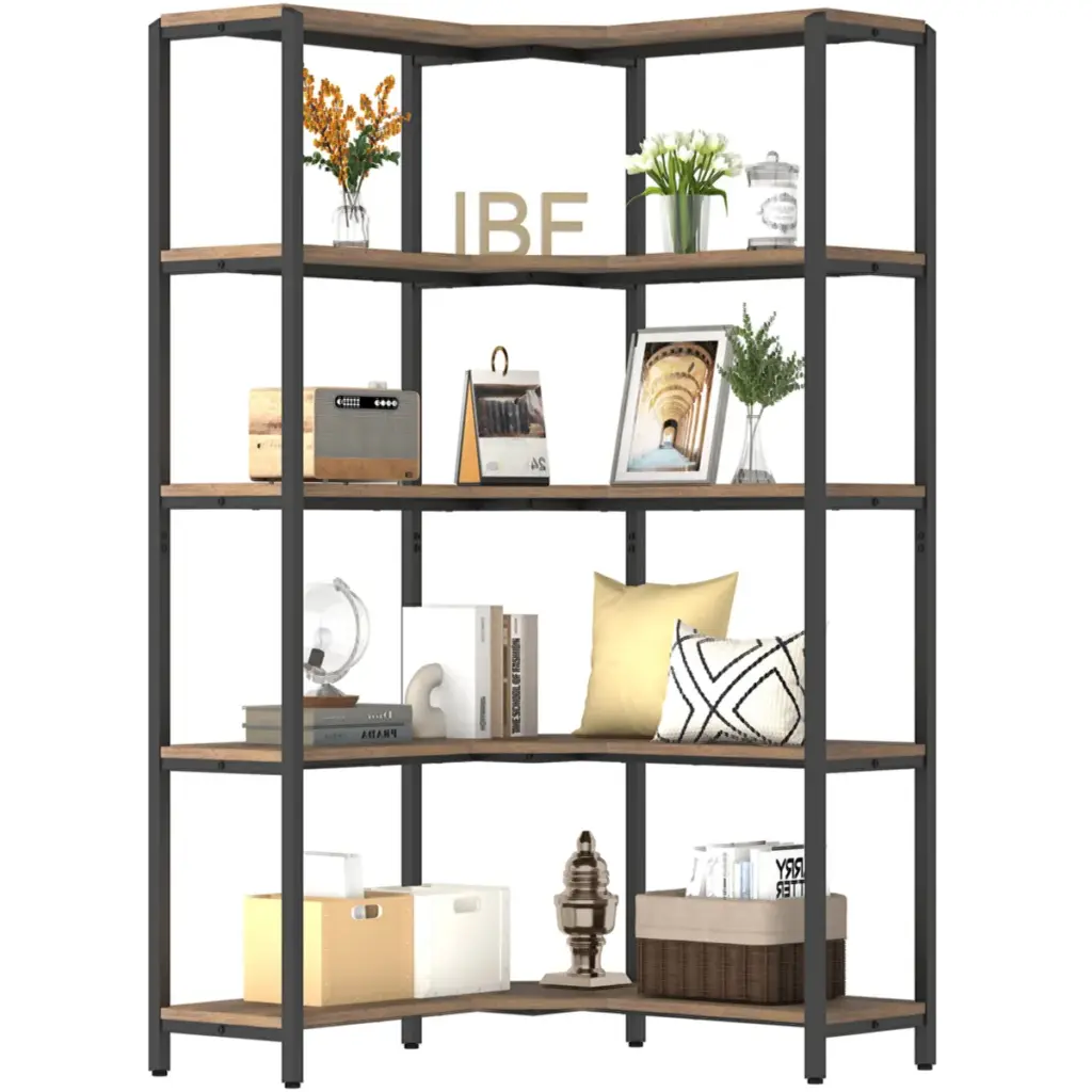 5 Tier L-Shaped Bookshelf, Rustic Oak_01