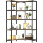 The 白底C1_结果 is a black-framed wooden corner bookshelf with five shelves for books, boxes, plants, pillows, decor, or photos—offering OEM and ODM customization to fit your space.