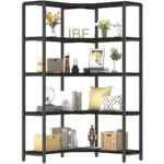 The 白底C1_结果 black metal corner shelf unit features five tiers, perfect for ODM and OEM projects, and stylishly displays books, decor, baskets, pillows, and plants in any home.