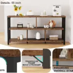 A 55-inch kitchen shelving unit named 细节图_结果, made of wood and metal, displays appliances and decor. Insets show ODM/OEM angle brackets, a triangular frame, and stability features.