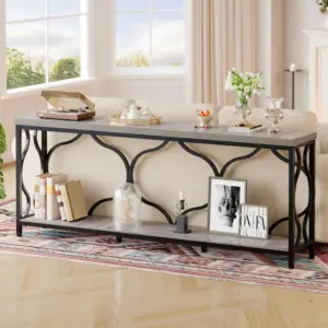 70.9 Inch Sofa Table with Storage shelves, Light Grey Oak_01