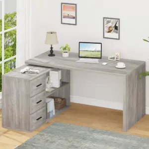 L Shaped 360 Rotating Computer Desk with 3 Drawers, Light Grey Oak_01