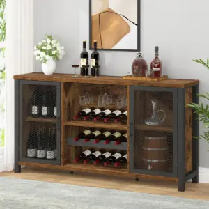 Wine Bar Cabinet for Liquor and Glasses, Rustic Brown_01