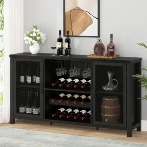 Wine Bar Cabinet for Liquor and Glasses, Black Oak_01
