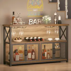 Coffee Bar Cabinet for Liquor and Glasses, Rustic Oak_01