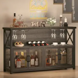 Coffee Bar Cabinet for Liquor and Glasses, Dark Gray Oak_01