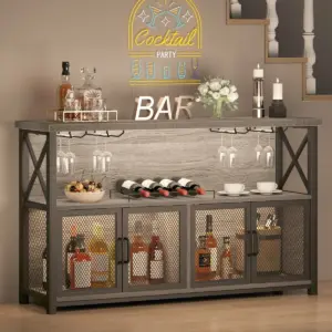 Coffee Bar Cabinet for Liquor and Glasses, Light Grey Oak_01