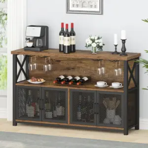 Coffee Bar Cabinet for Liquor and Glasses, Rustic Brown_01