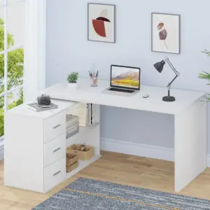 L Shaped 360 Rotating Computer Desk with 3 Drawers, White Oak_01